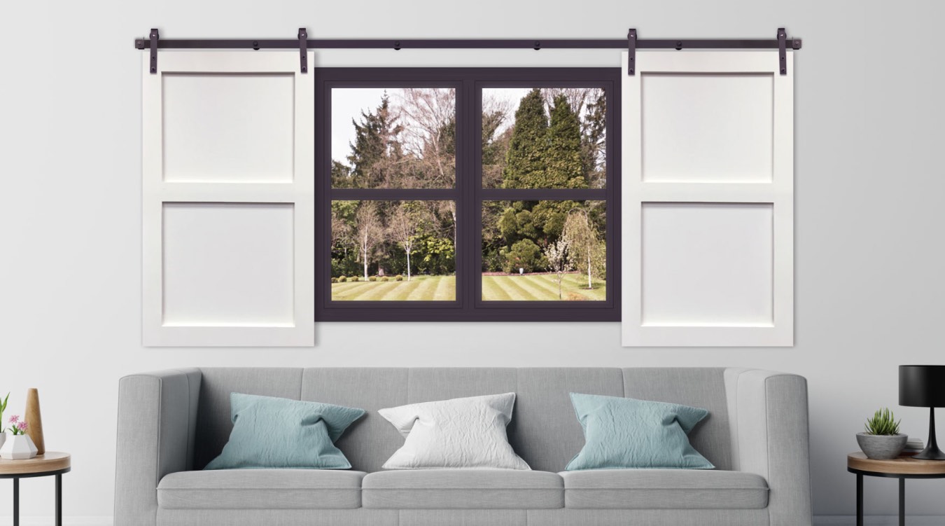 White barn door shutter in modern San Jose living room